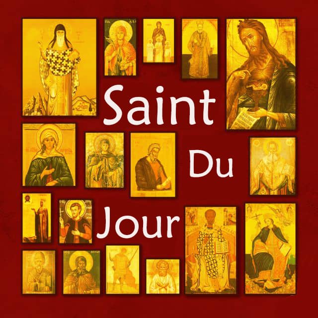 Calendrier illustré des saints du jour avec prénoms associés, fêtes chrétiennes et dates liturgiques.