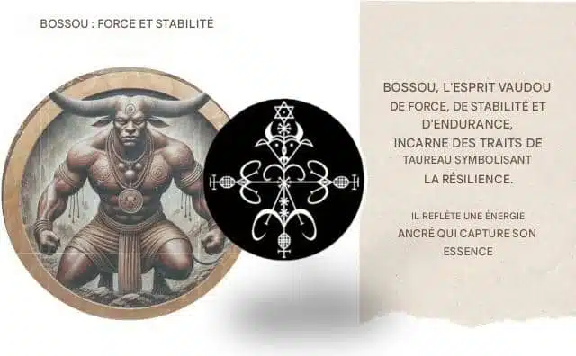 BOSSOU, L'ESPRIT VAUDOU DE FORCE, DE STABILITÉ ET D'ENDURANCE, INCARNE DES TRAITS DE TAUREAU SYMBOLISANT LA RÉSILIENCE.