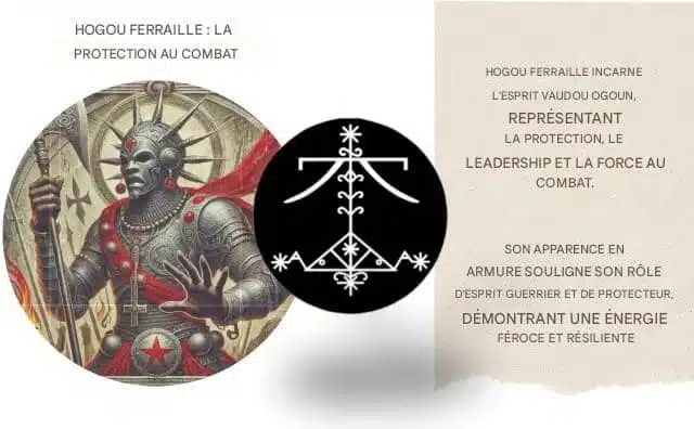 HOGOU FERRAILLE INCARNE L'ESPRIT VAUDOU OGOUN, REPRÉSENTANT LA PROTECTION, LE LEADERSHIP ET LA FORCE AU COMBAT.